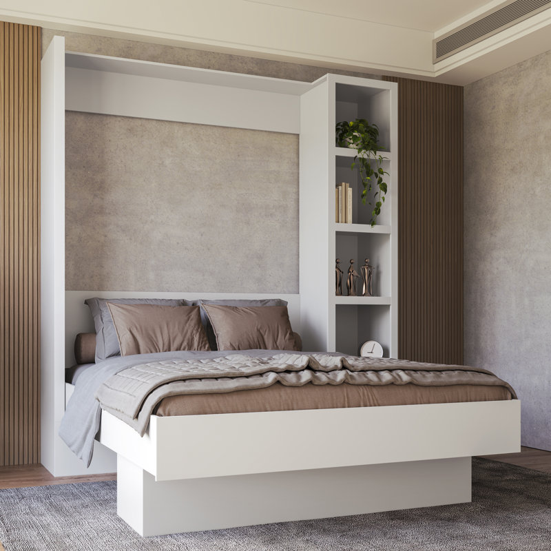 Lit escamotable avec bibliothèque Easy-Lift, Blanc, Grand lit