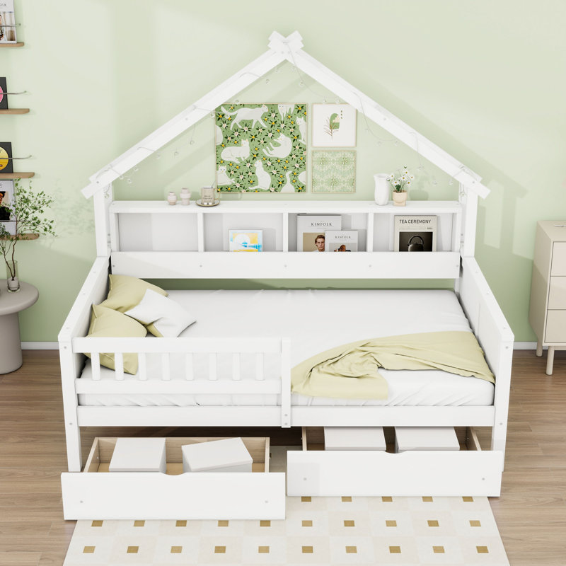Lit plateforme double en bois avec deux tiroirs avec lumières DEL, tablettes et lattes, Blanc
