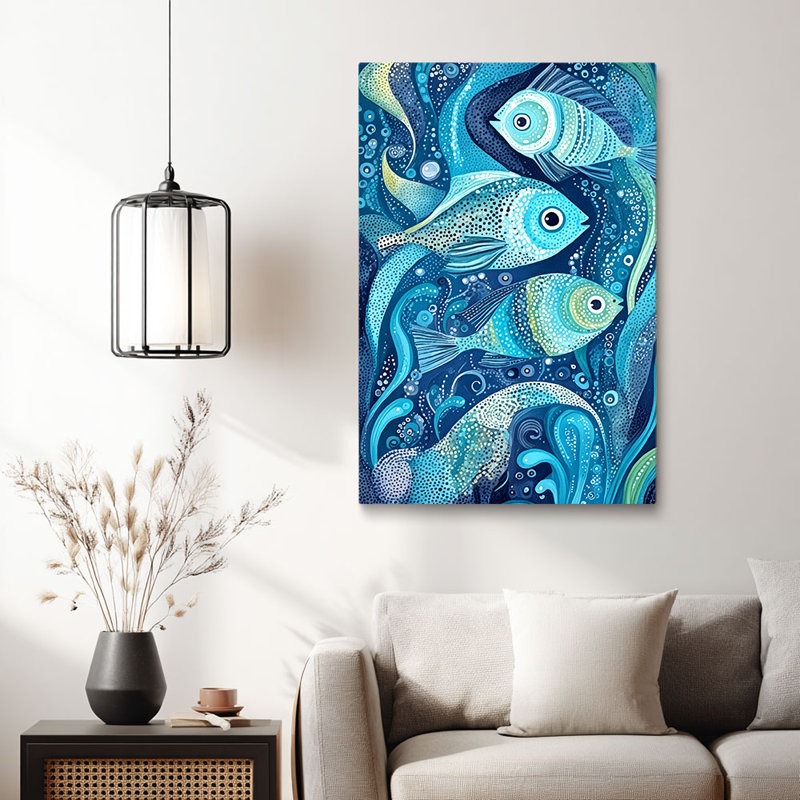 Whimsical “Teal Fish School with Swirling Waves” Dotwork Canvas Wall Art Stretched Frame for Eclectic Studio