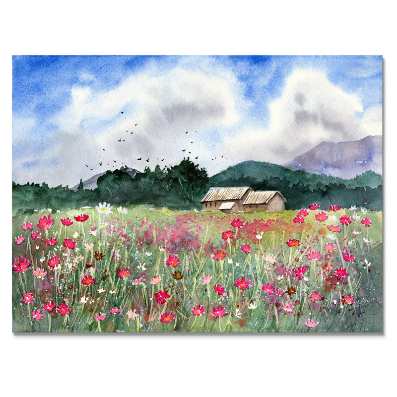 Paysage avec un champ de fleurs blanches et roses - Peinture sur toile, H 12 po x l 20 po x P 1 po, Toile tendue