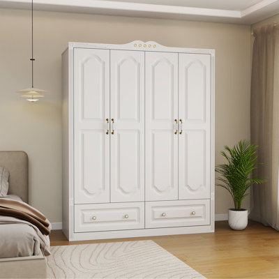 Wood 4-door Wardrobe Armoire with hanging rod & 2 Drawers