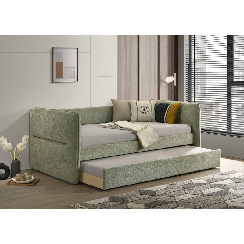 Luxueux lit de jour moderne 1 pièce avec lit gigogne escamotable capitonné et garniture cloutée, mobilier de chambre à coucher, finition vert clair