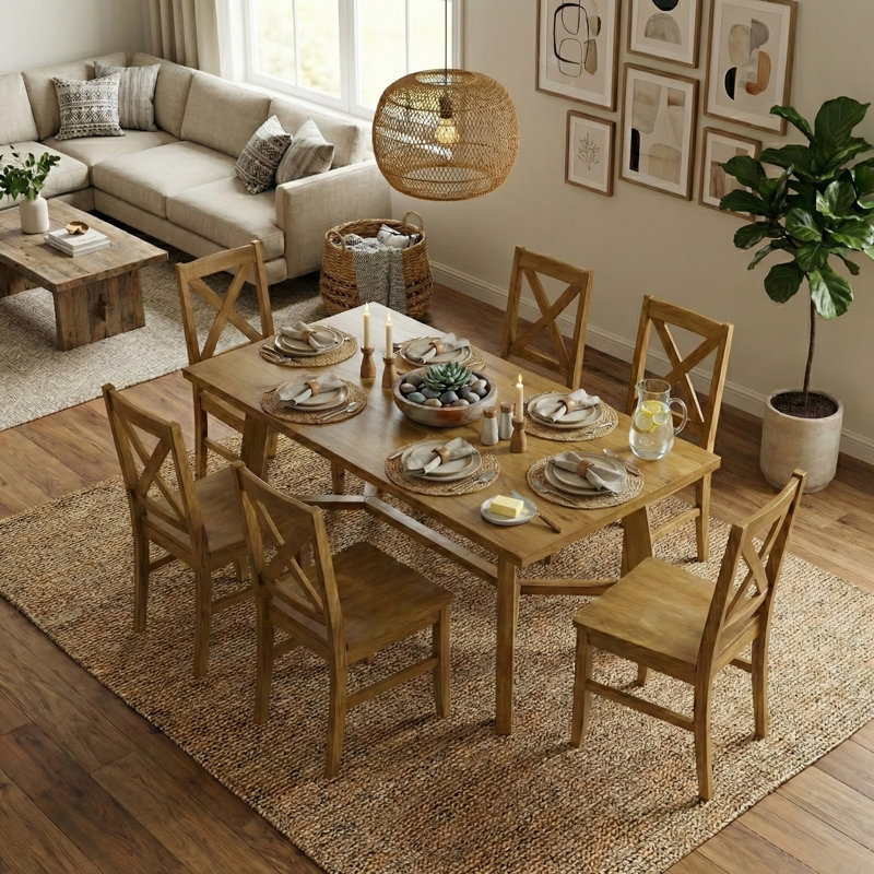 Oaklyn Modern Rectangular Dining Table Set, 7 Pieces: Table, 6 Chairs, Light Yellow Wood