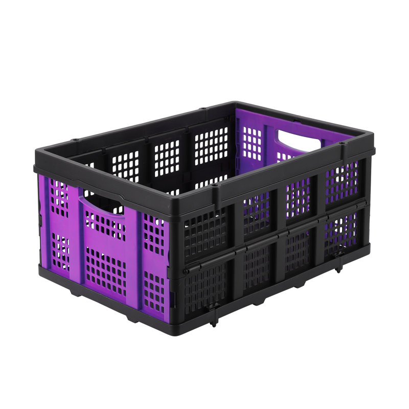 Collapsible Crate, 55L Foldable Plastic Milk Crate with Side Handles, Heavy Duty Stackable Containers Folding Storage Baskets for Food, Drinks, Books, Tools, Purple