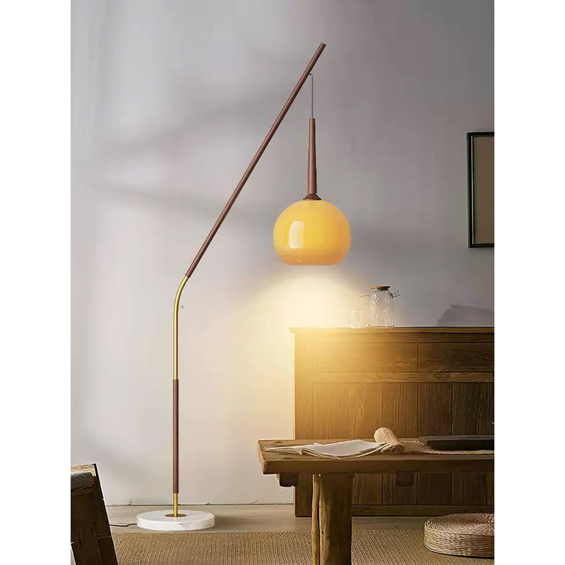Lampe sur pied Mid-Century en fer forgé et verre Mid-Century, Noyer