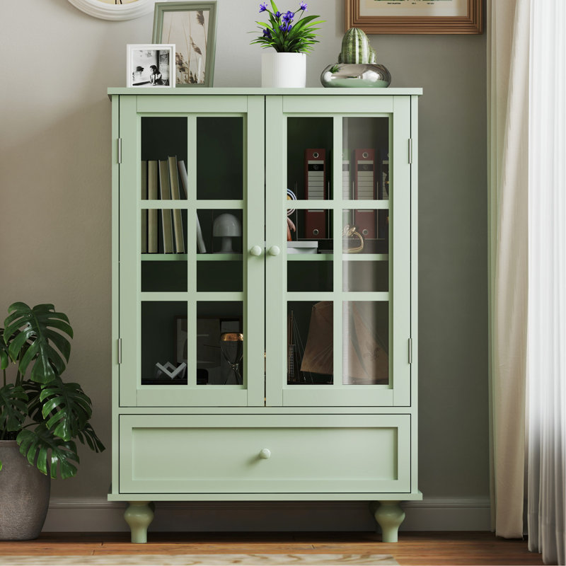Modern Living Room Storage With Double Glass Doors And Drawer In Mint . Quality Material, Solid Wood Leg Frame, Tempered Panels. Adjustable Shelving System, Practical Space. 28''d×15''w×38''h, 48.4