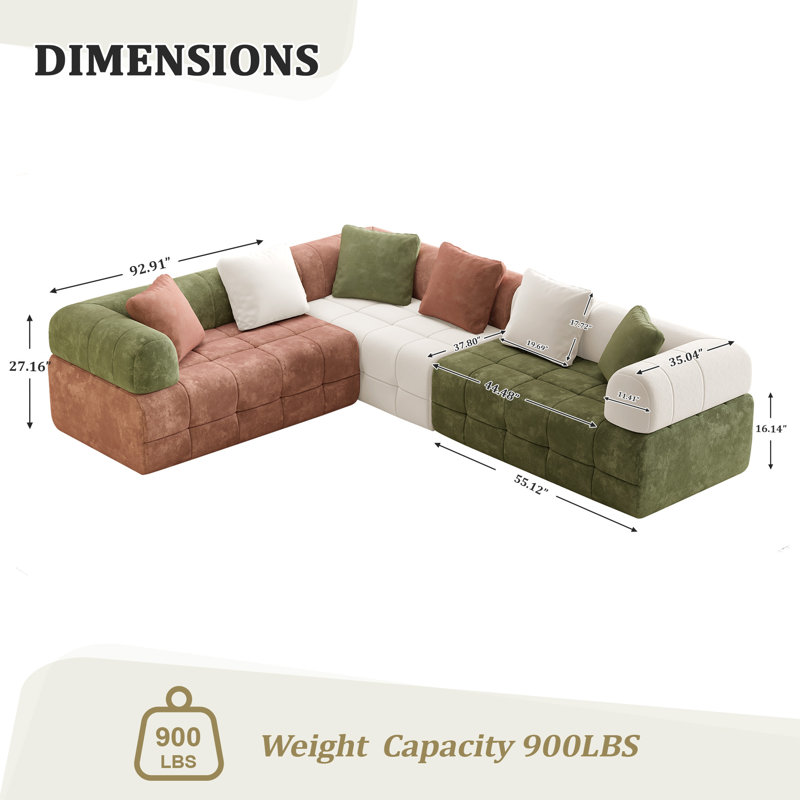 6-Seater Contemporary Chenille Upholstered Boneless Colorblock Modular Sofa With Plush Back Pillows And Thick Cushions