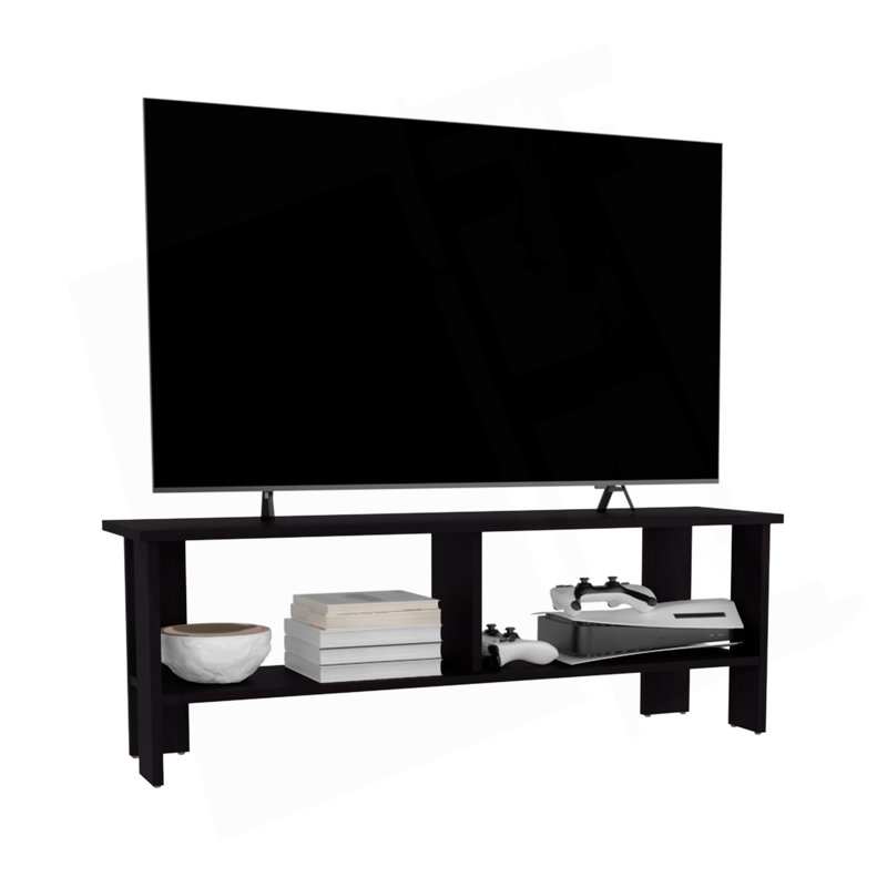 Meuble télé Mid-Century moderne, 2 tablettes, Noir