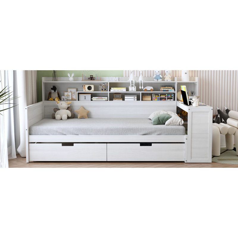 Lit de jour en bois avec tablettes de rangement, tiroirs et bureau Dexter, Lit simple, Blanc antique