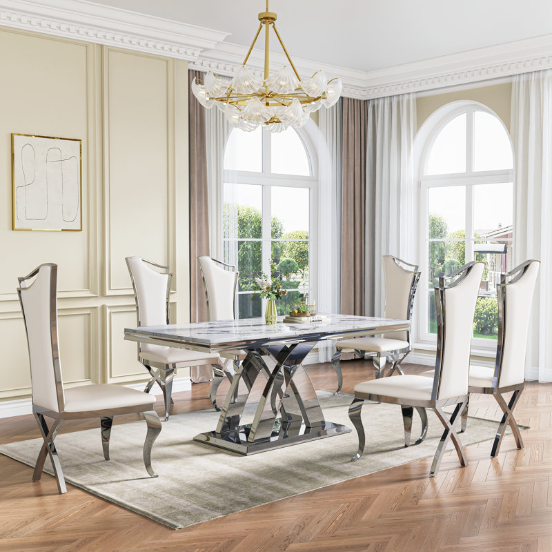 70.08" Rectangular Faux Marble Top Pedestal Dining Set, Silver, 7 Pieces: Table, 6 Chairs