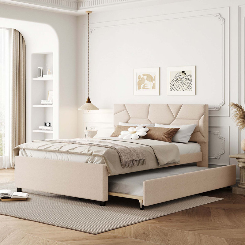 Lit plateforme tapissier avec lit gigogne, Beige, Full
