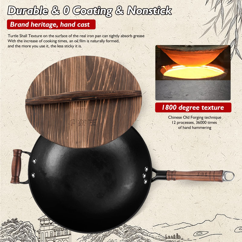 Handcrafted Black Cast Iron Wok with Wooden Lid