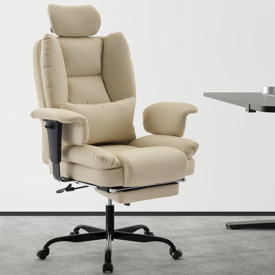 Beige Office Chair With 200 Kg Capacity, Ergonomic Back And Arm Support, Liftable , Memory Foam Cushion Pu Leather, Lumbar High , Adjustable Extendable Footrests For Comfortable Long - Term Sitting