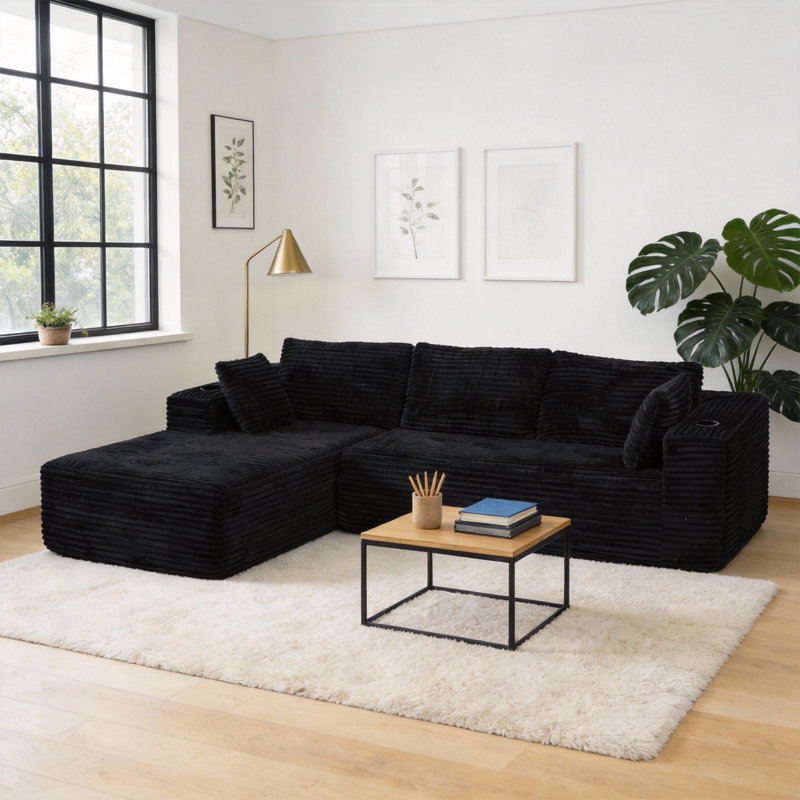 Canapé modulaire modulaire en forme de L 106 po avec méridienne convertible et porte-gobelets pour salon 106 po, Noir