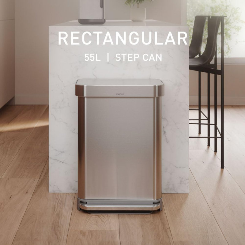simplehuman 55 Liter / 14.5 Gallon Rectangular Kitchen Step Trash Can, Brushed