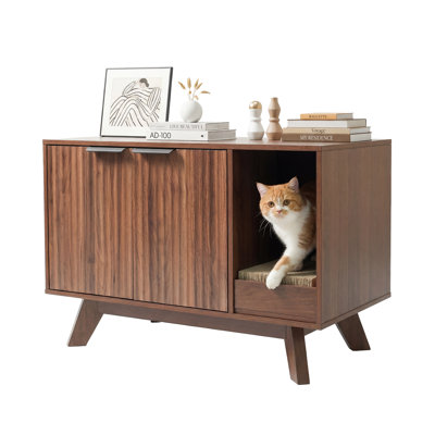 31" Cat Litter Box Cabinet Enclosure with Built-in Litter Tray, Cat Scratcher, Hidden Litter Box Furniture, Side Table, End Table for Living Room & Bedroom