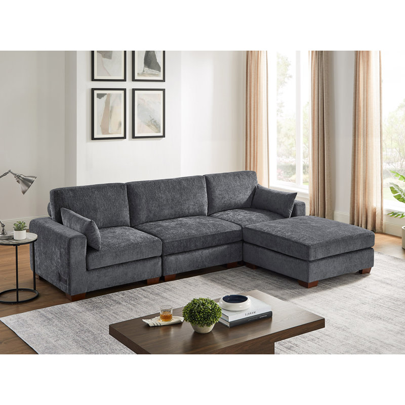 4-Piece Upholstered Sectional Couch With 2 USB Ports, 1 Portable Ottoman, Grey Polyester