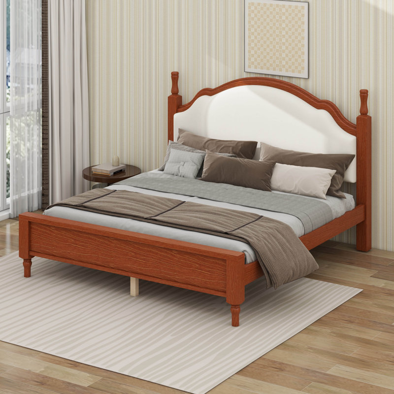 Base de lit plateforme en bois, lit Mid Century avec tête de lit tapissier courbée et support à lattes en bois, Queen