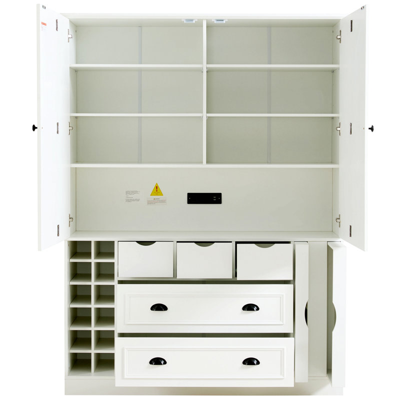 Grand garde-manger Farmhouse, rangement spacieux avec 4 portes pliables, prise de courant, tablettes, supports à vin et plateaux de service