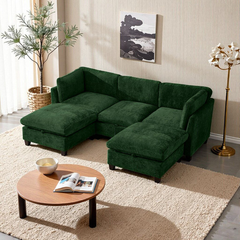 Canapé modulaire de rangement en U avec 3 sièges et 2 repose-pieds, tissu chenille, L 96,5 po, Vert
