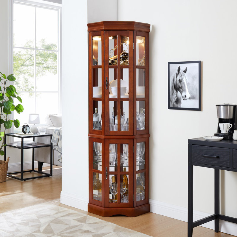Vitrine de coin 70,5 po - 5 tablettes (3 réglables) avec système d'éclairage, portes en verre trempé (noyer), Noyer
