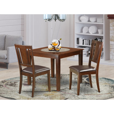 3 Piece Dining Table Set for Small Spaces Contains a Square Dining Room Table and 2 Faux Leather Chairs, Mahogany