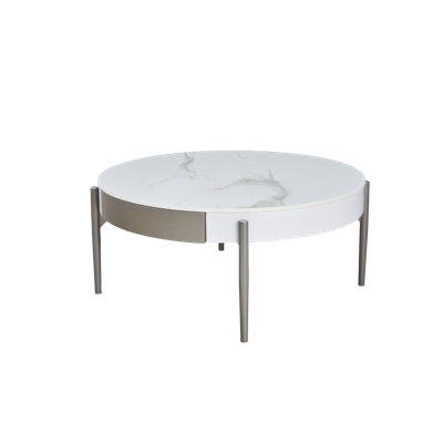 Modern Round White & Reall Wood Color Coffee Table With Drawers And Metal Legs,Drum Coffee Table With Grey  Legs Circular Center Table With Ceramic Pattern Top For Living Room Apartment Office-White