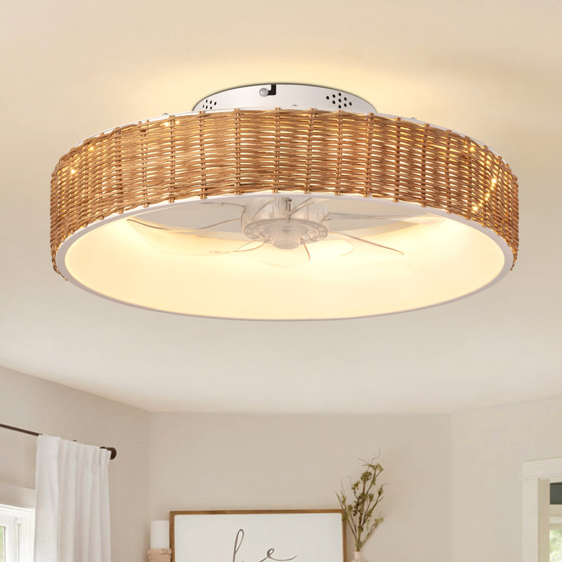 19.7'' Hermfried 7 - Blade Rattan Caged Ceiling Fan with LED Lights and Remote Control, Brown