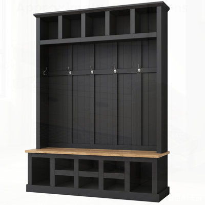 Farmhouse Wooden Style Hall Tree with Wide Storage Seating Bench, Entryway Shoe Cabinet with 13 Compartments, Elegant Coat Rack with 6 Hooks for Mudroom, Living Room