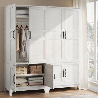Rustic Wooden Armoire Wardrobe Closet - 4 Doors, 72" Tall Freestanding Storage Cabinet with Hanging Rod & Adjustable Shelves, Large Bedroom & Living Room Organizer, White (AB Box)