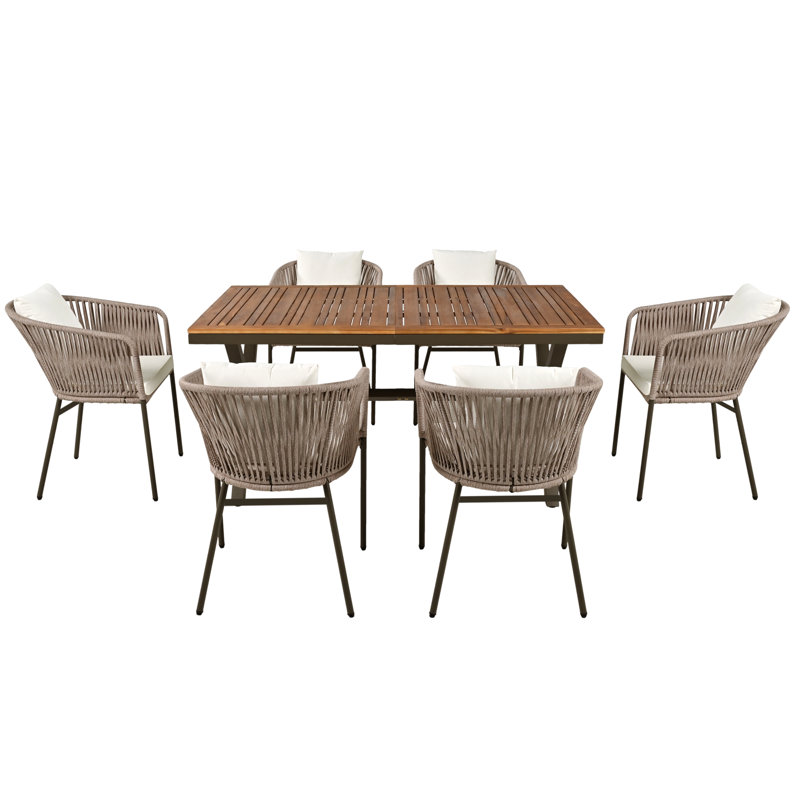 Ensemble repas 7 pièces pour patio avec plateau en bois d'acacia et structure en métal pour le jardin et la cour