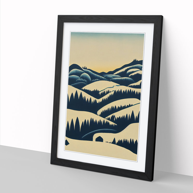 Winter Landscape Illustration - Single Picture Frame Print, 46cm H x 34cm W x 2cm D, Oak