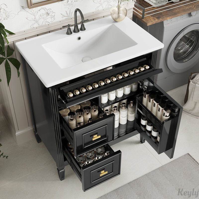 Meuble-lavabo 30 po avec lavabo, tablette réglable, Noir, noir, noir, noir