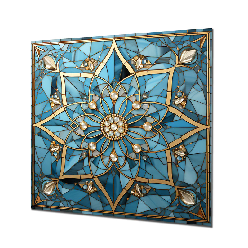 Art mural en métal bleu et or, mandala I, H 29 po x l 29 po