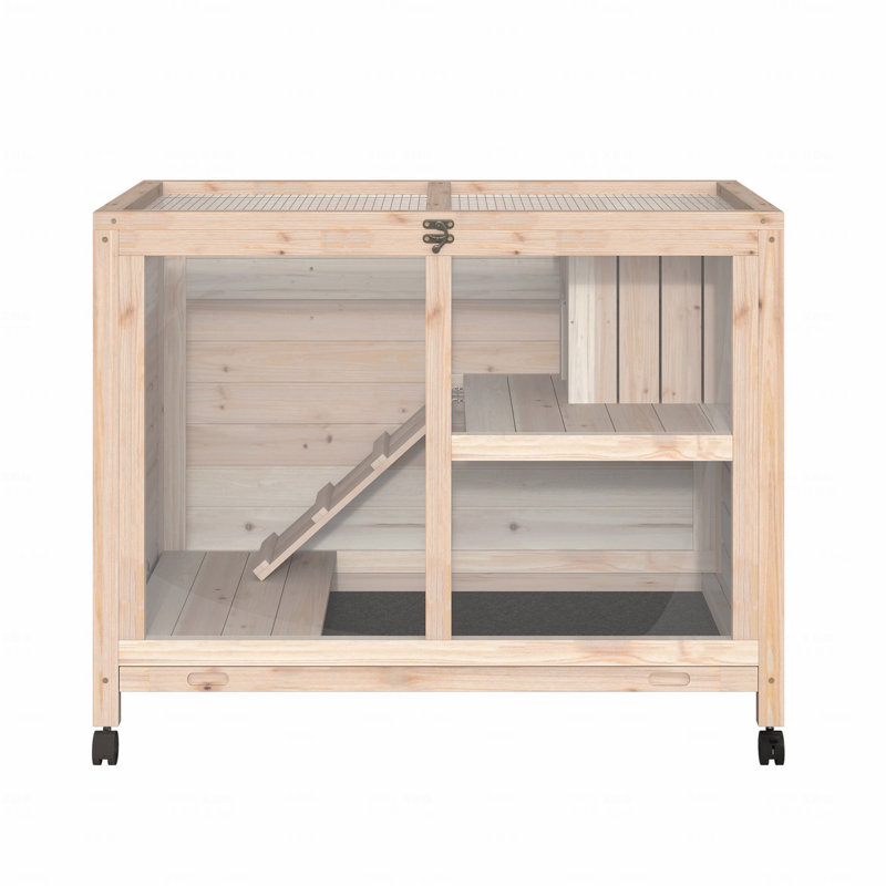 Cage à lapins d'intérieur avec roulettes, bureau et table d'appoint, cage à lapin en bois, cage à lapin imperméable, Naturel