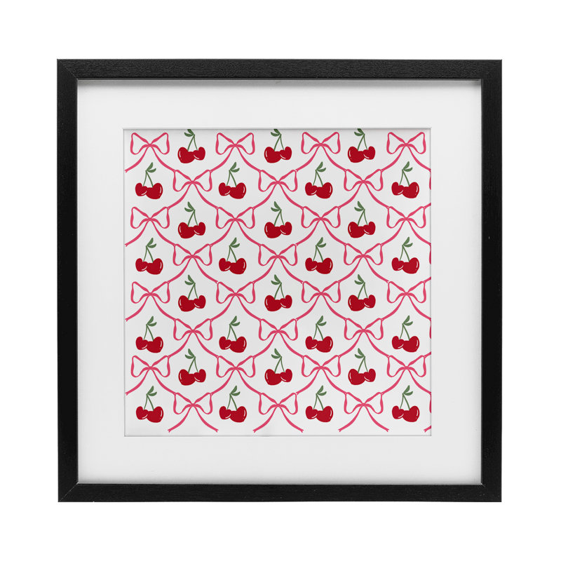 Joli motif de cerises et d'arcs encadrés sous verre, design par Lucille Price, H 13 po x l 13 po, Cadre noir minuit