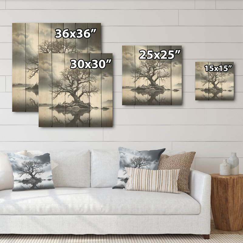 «Stormy Grays Tree Emotion I», art en bois monochrome sur bois de pin naturel, H 30 po x l 30 po