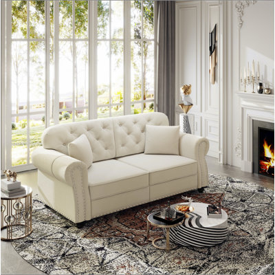 Canapé Chesterfield de 63 po en velours avec garniture cloutée et accoudoirs roulés, canapé de style Mid-Century moderne capitonné avec boutons, inclus 2 coussins