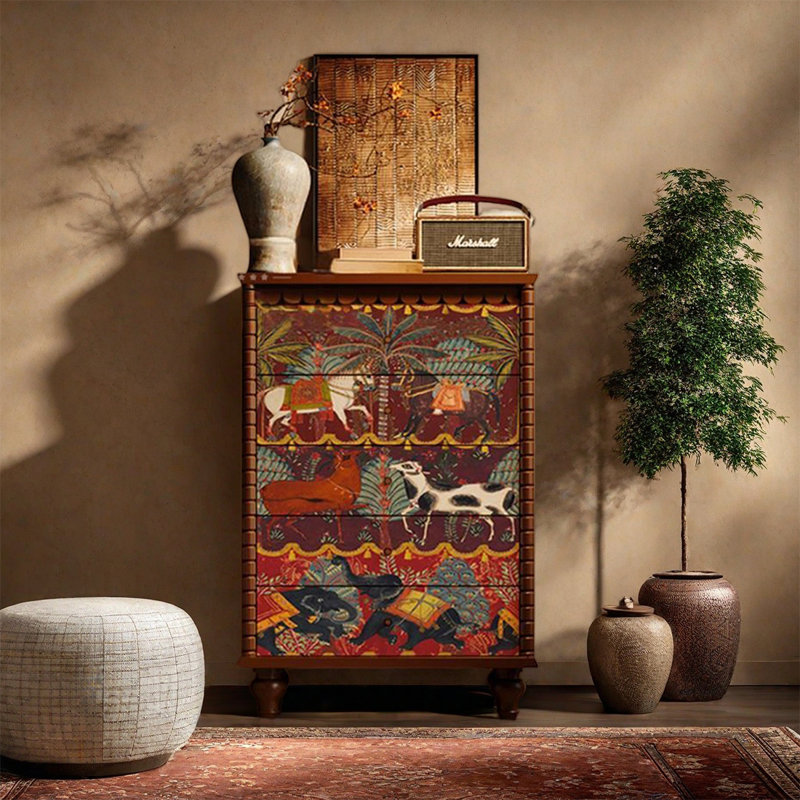 Armoire décorative à cinq tiroirs en bois de frêne, Noyer