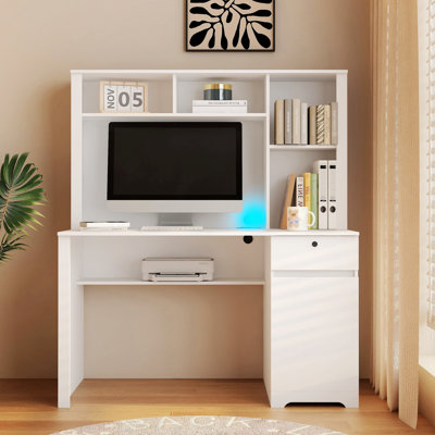 Computer Desk With Shelf, Writing Desk With 3 AC Outlets And 2 USB Charging Ports, Home Office Desk With Drawers