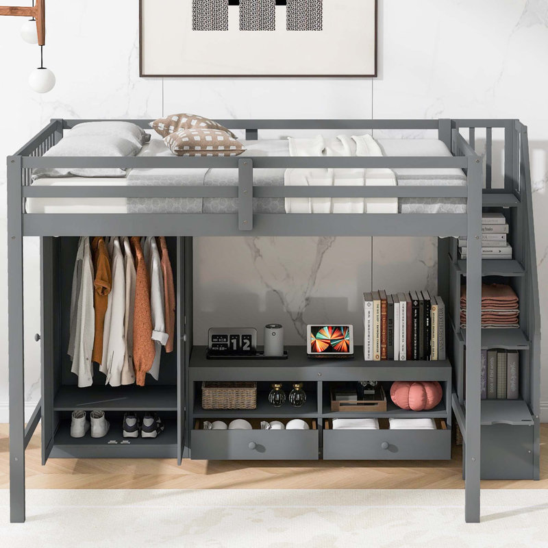 Structure de lit double pleine grandeur avec garde-robe, table de rangement basse et escalier de rangement, Gris