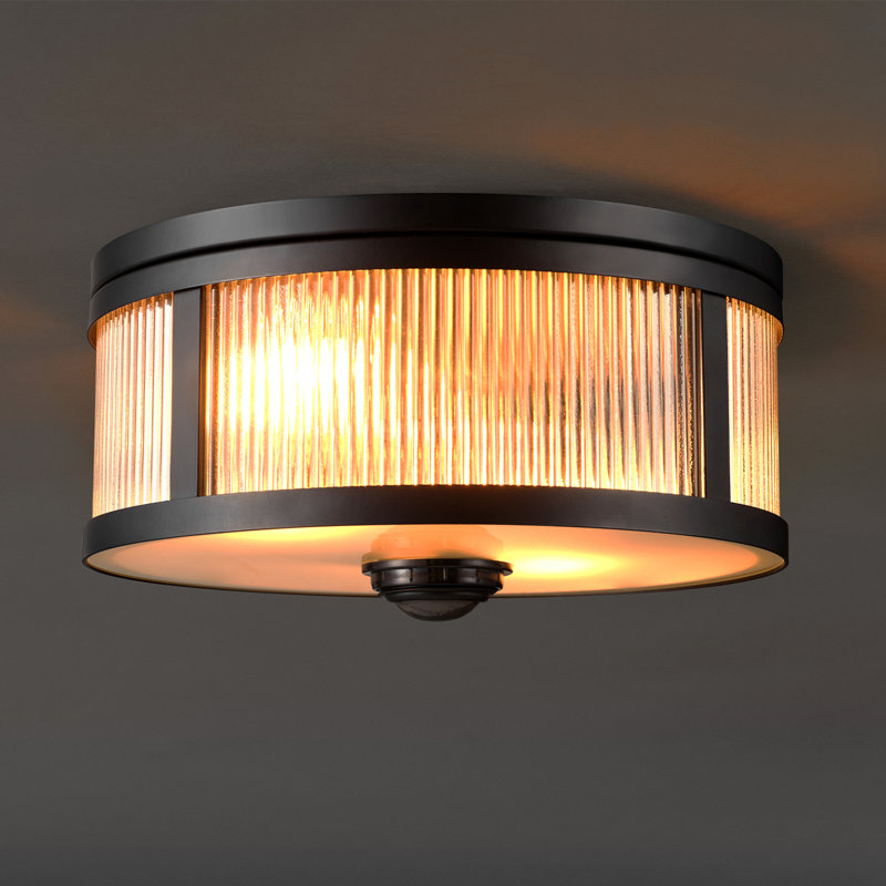 2-Light Matte Black Motion Activated Outdoor Flush Mount Ceiling Light with Ribbed Glass Shade and Frosted Glass Lens