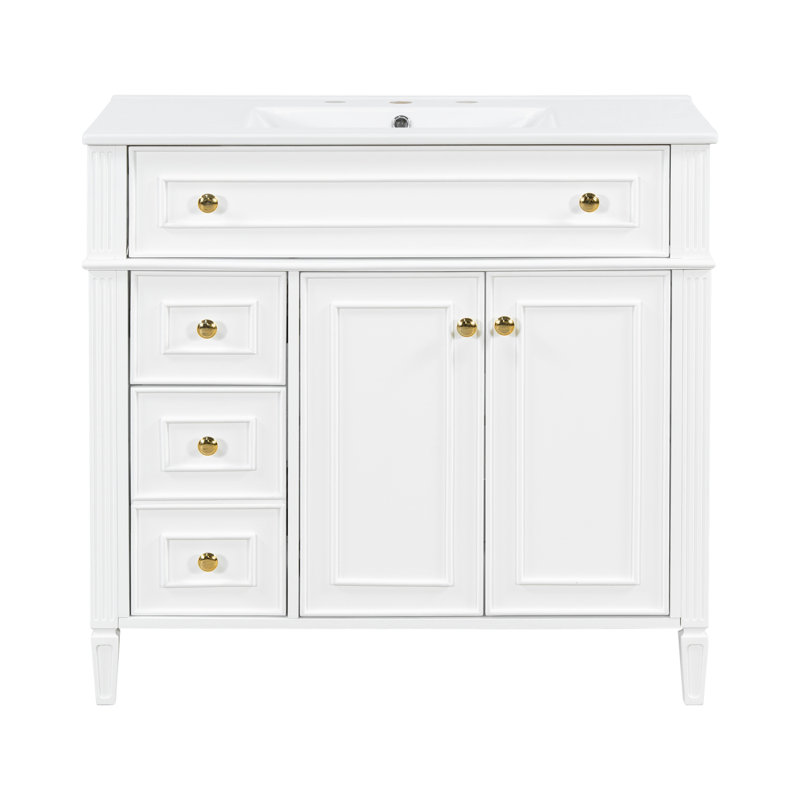 Meuble-lavabo de 36 po avec lavabo, armoire en bois massif blanc avec tiroir rabattable, 3 tiroirs et 2 portes à fermeture en douceur, poignées dorées et design moderne