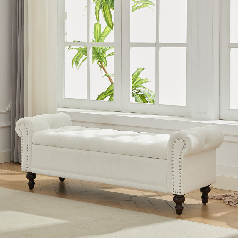 Banc de rangement rembourré avec compartiments de rangement segmentés, Velours blanc crème, H 20,8 po x l 58,1 po x P 18,7 po