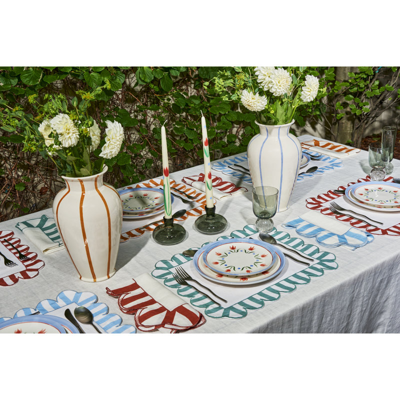Embroidered Linen Scalloped Stripe Double-Sided Placemats, Red