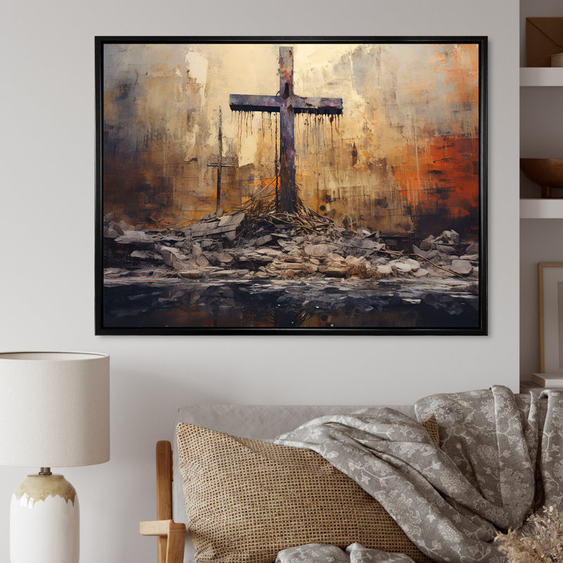 Minimalisme, croix religieuse, H 16 po x l 32 po x P 1 po, Cadre flottant noir