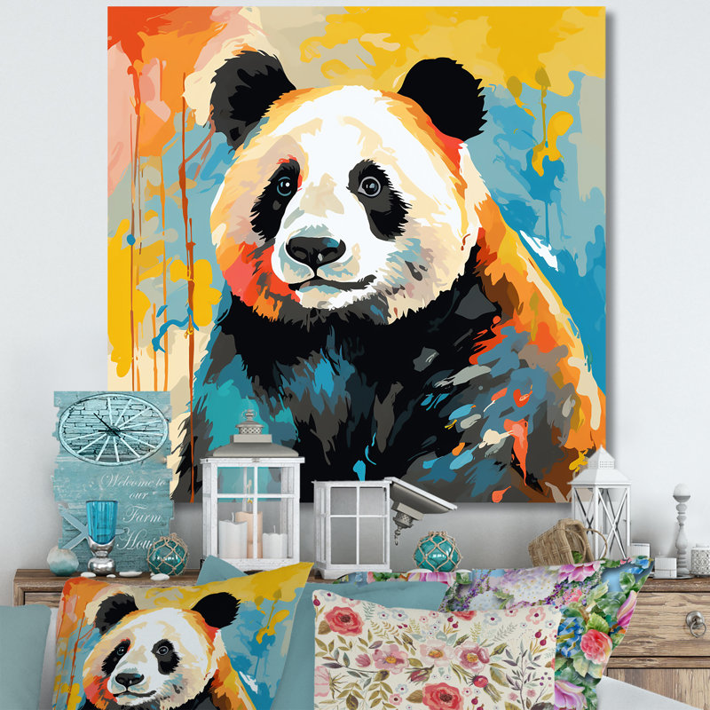 Pop Art Coloful Panda II - Art mural animal panda, Toile tendue, H 16 po x l 16 po x P 1 po