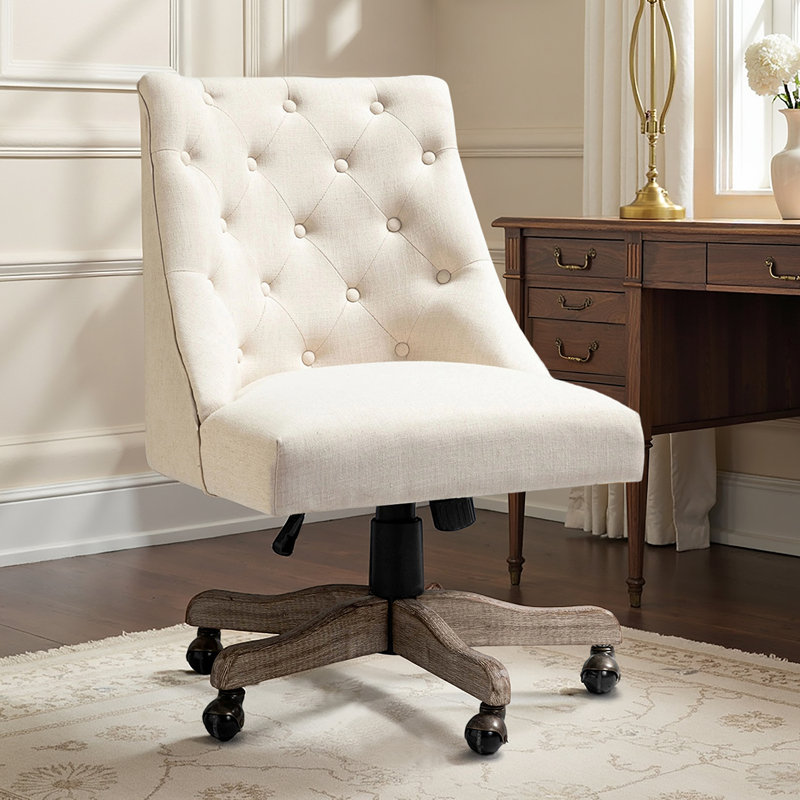 Jovita 38.5"H Farmhouse Tilting Task Chair with Solid Wood Base and Button-Tufted, Beige