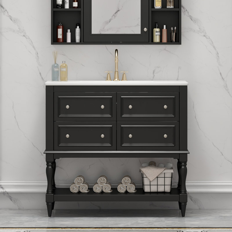 Armoire de salle de bain avec lavabo et 4 tiroirs, Noir, noir, noir, noir
