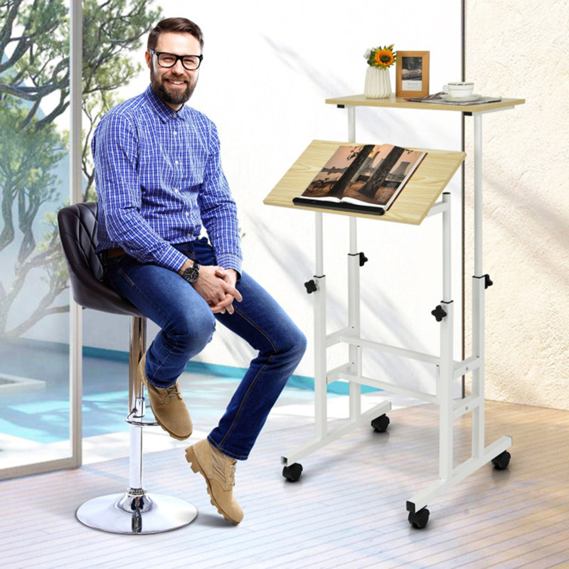 24'' W Laptop Cart with Wheels, Natural/White